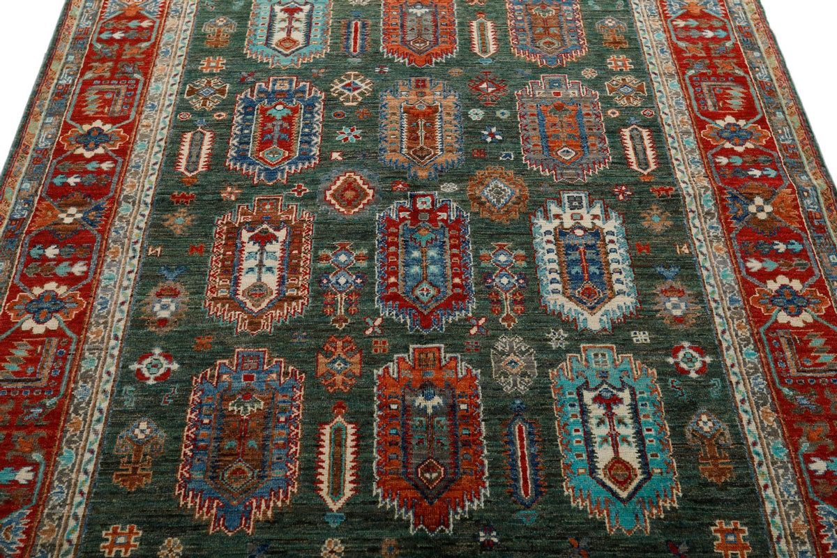 5x7 Green and Red Turkish Tribal Rug