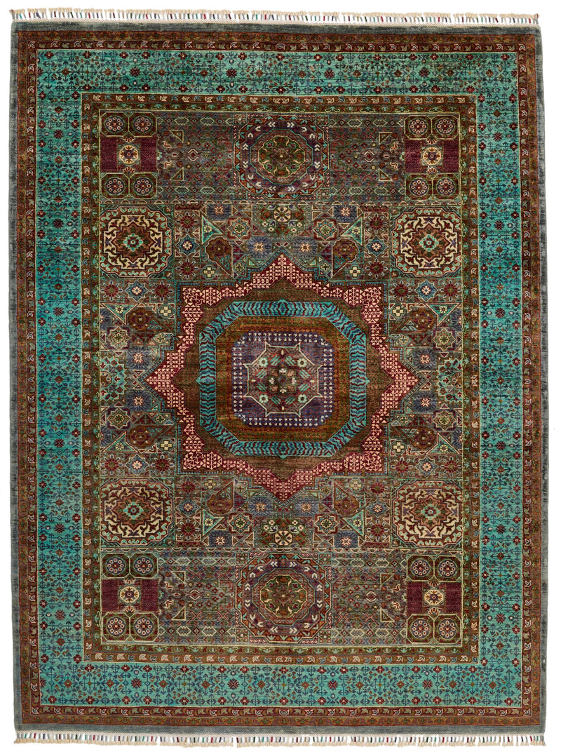 6x8 Light Brown and Blue Turkish Tribal Rug