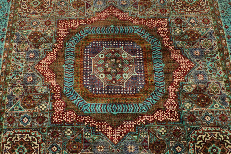 6x8 Light Brown and Blue Turkish Tribal Rug