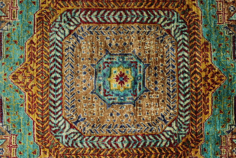 6x8 Rust and Green Turkish Tribal Rug