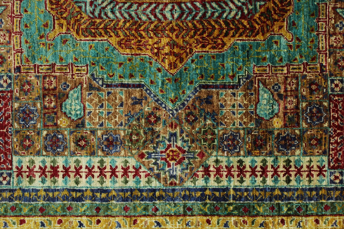 6x8 Rust and Green Turkish Tribal Rug