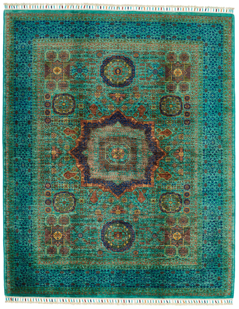 5x7 Green and Blue Turkish Tribal Rug