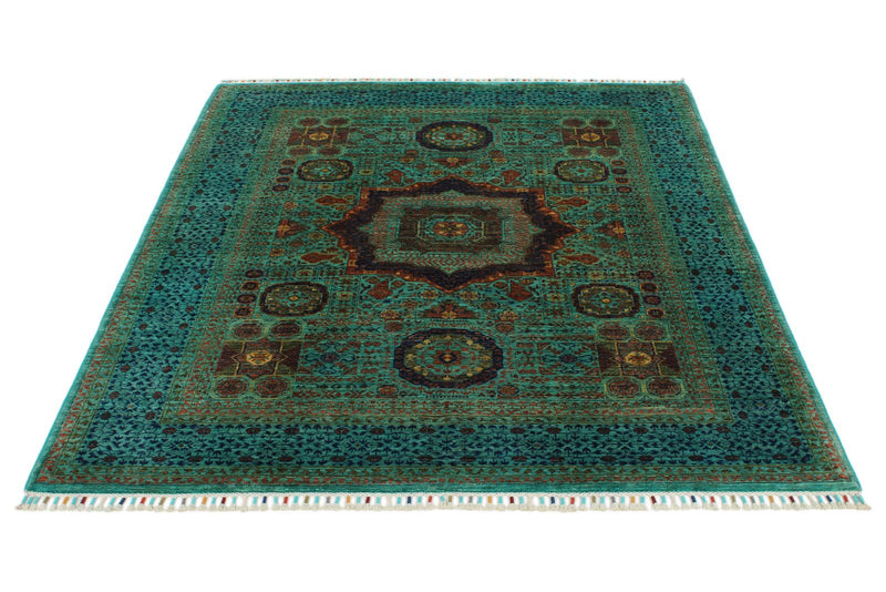 5x7 Green and Blue Turkish Tribal Rug