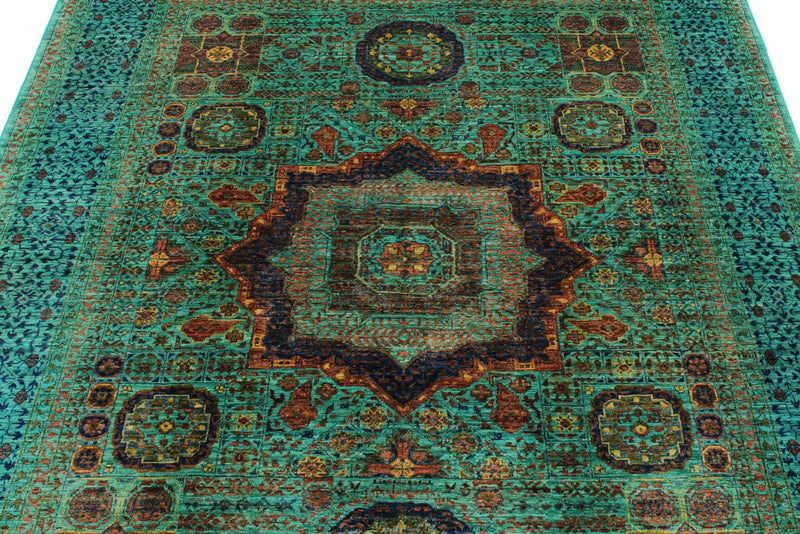 5x7 Green and Blue Turkish Tribal Rug