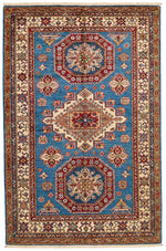 4x6 Blue and Ivory Kazak Tribal Rug