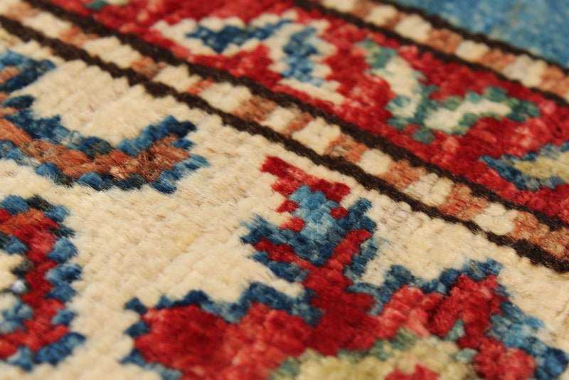 4x6 Blue and Ivory Kazak Tribal Rug