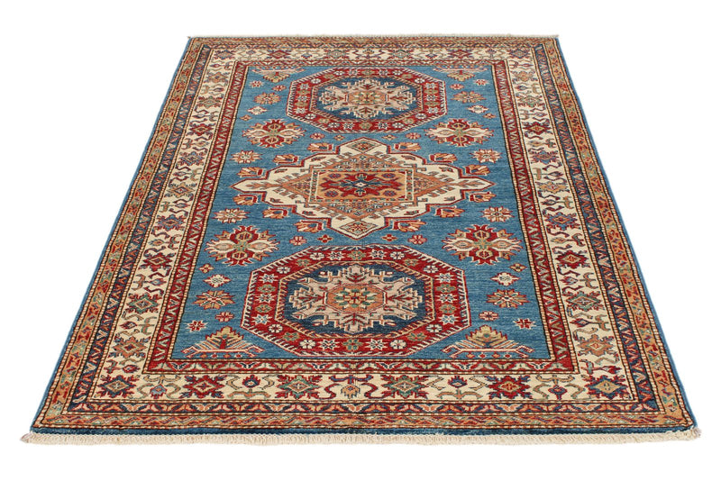 4x6 Blue and Ivory Kazak Tribal Rug