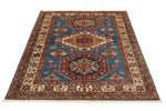 4x6 Blue and Ivory Kazak Tribal Rug