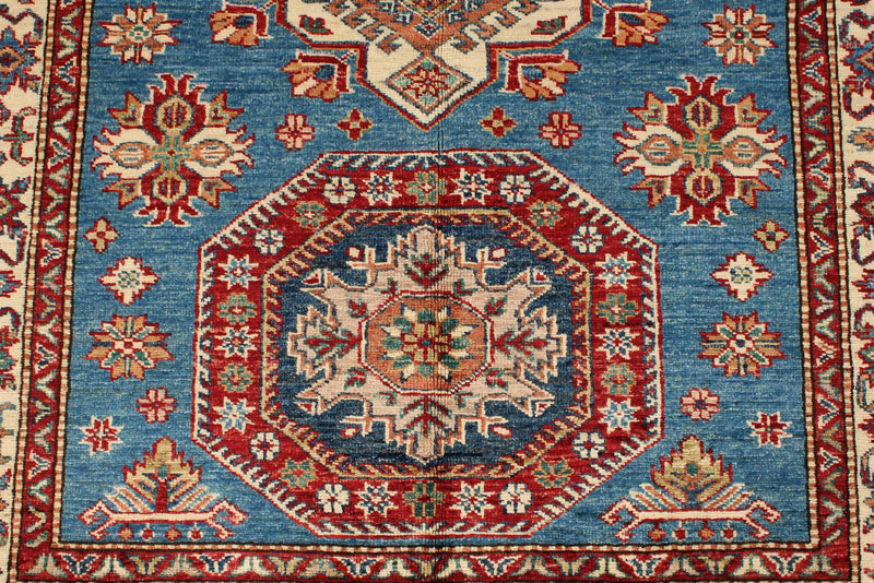 4x6 Blue and Ivory Kazak Tribal Rug