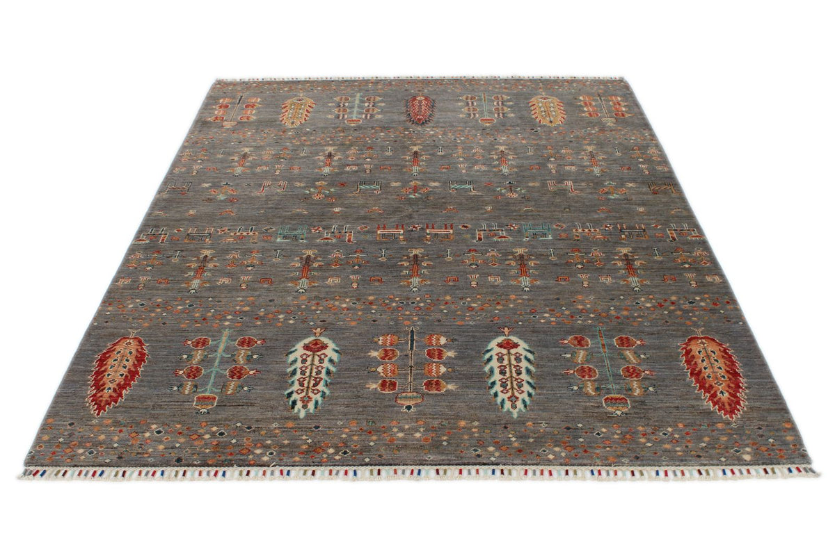 6x8 Gray and Multicolor Turkish Tribal Rug