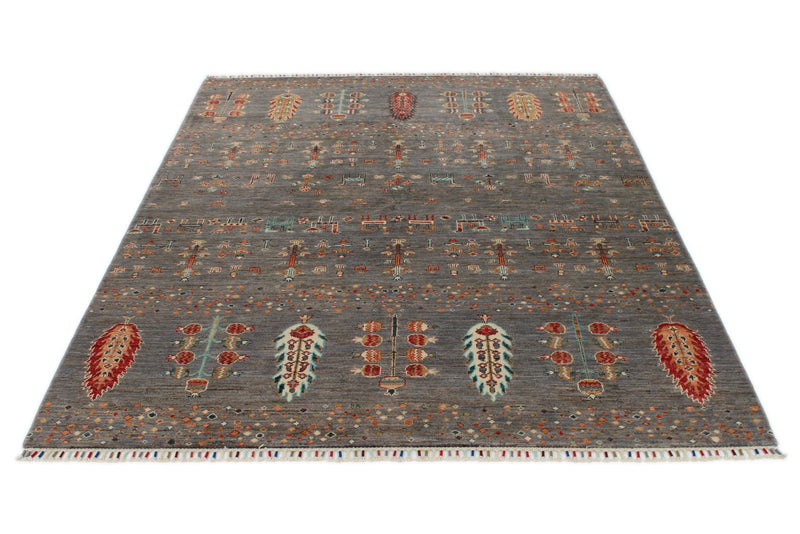 6x8 Gray and Multicolor Turkish Tribal Rug