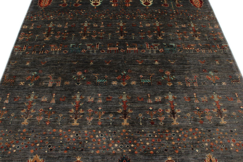6x8 Gray and Multicolor Turkish Tribal Rug