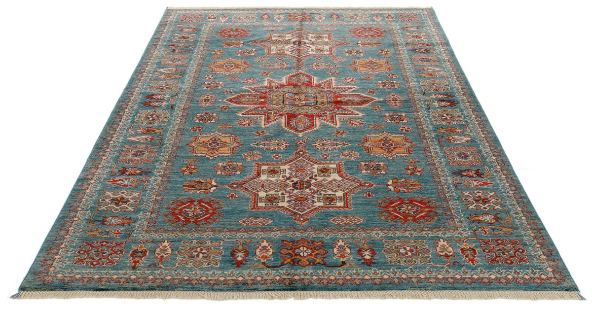 6x8 Green and Multicolor Kazak Tribal Rug