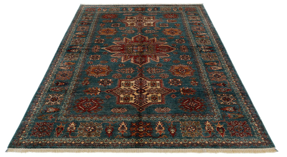 6x8 Green and Multicolor Kazak Tribal Rug
