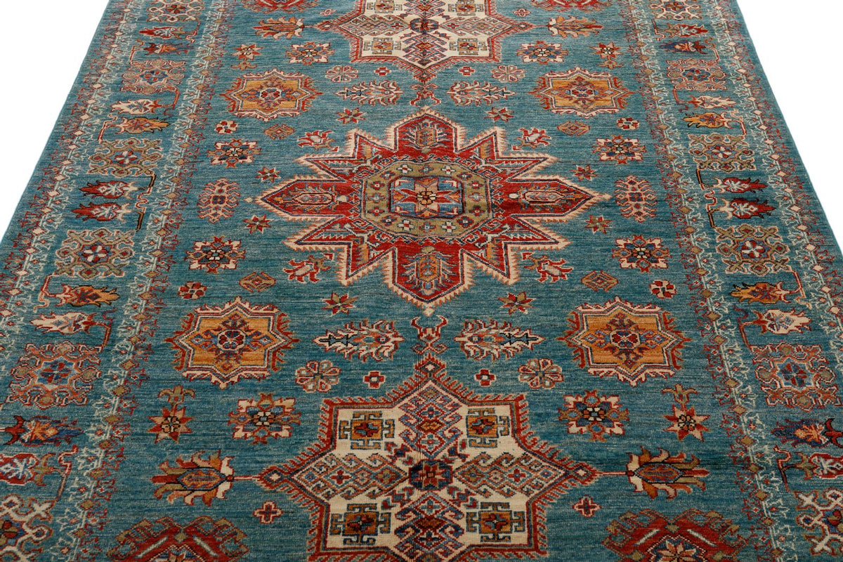 6x8 Green and Multicolor Kazak Tribal Rug
