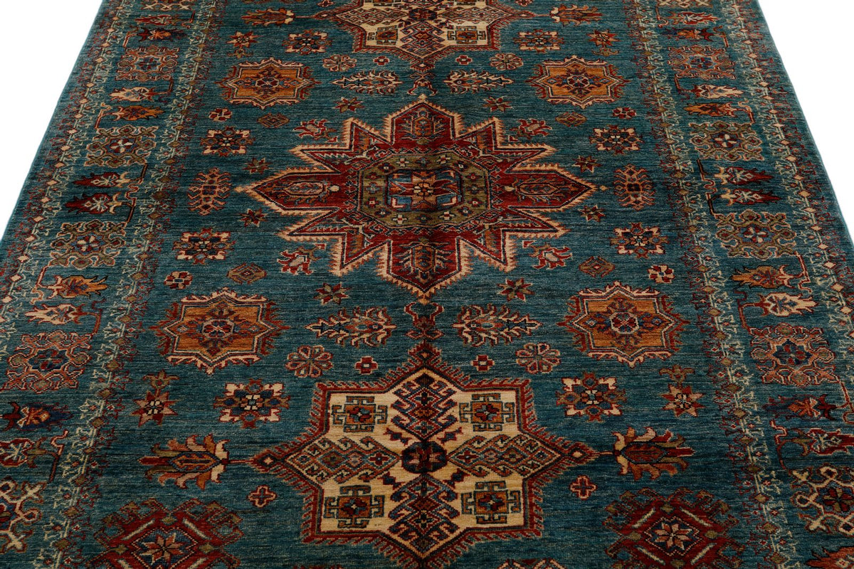 6x8 Green and Multicolor Kazak Tribal Rug