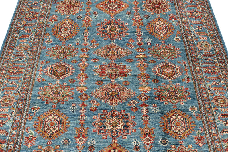 5x7 Blue and Blue Kazak Tribal Rug