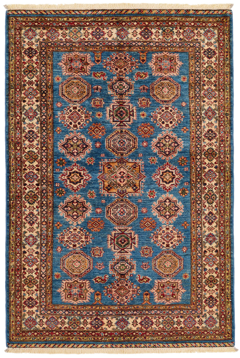 4x6 Blue and Ivory Kazak Tribal Rug