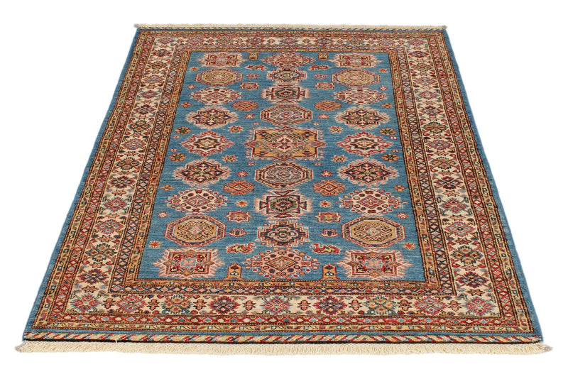 4x6 Blue and Ivory Kazak Tribal Rug