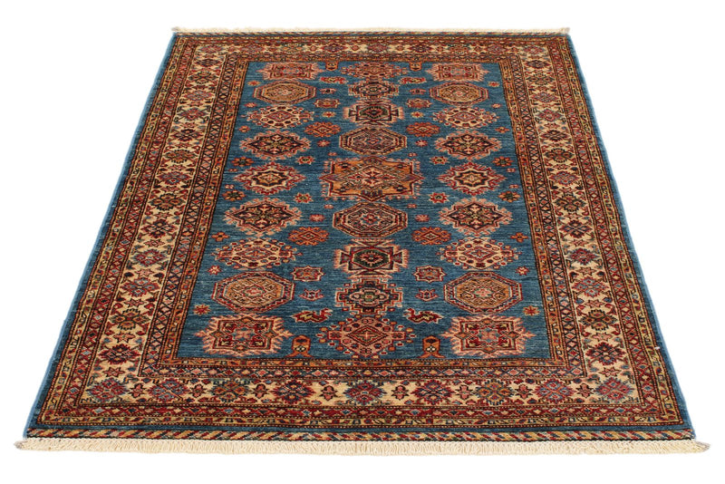 4x6 Blue and Ivory Kazak Tribal Rug