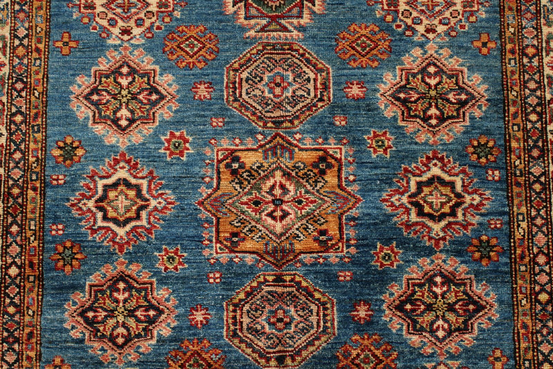 4x6 Blue and Ivory Kazak Tribal Rug