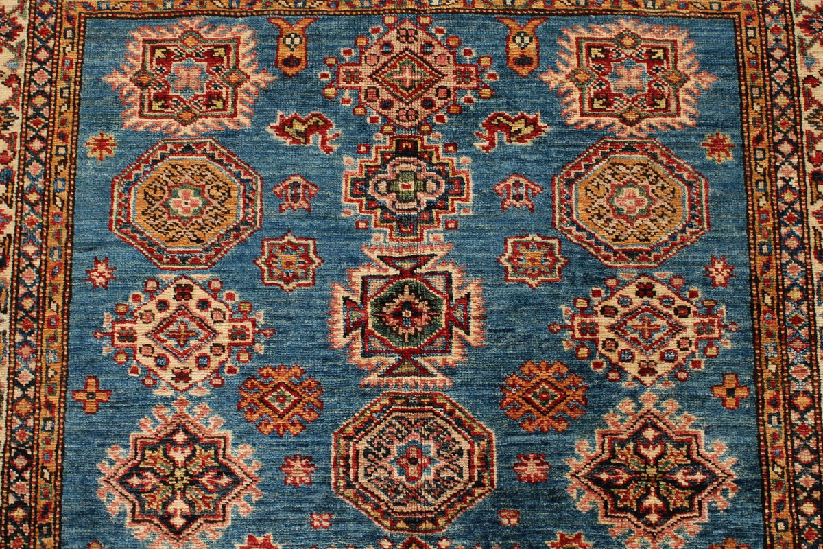 4x6 Blue and Ivory Kazak Tribal Rug