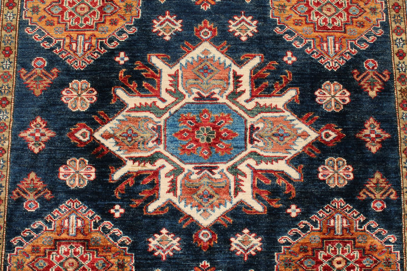 5x6 Navy and Ivory Kazak Tribal Rug