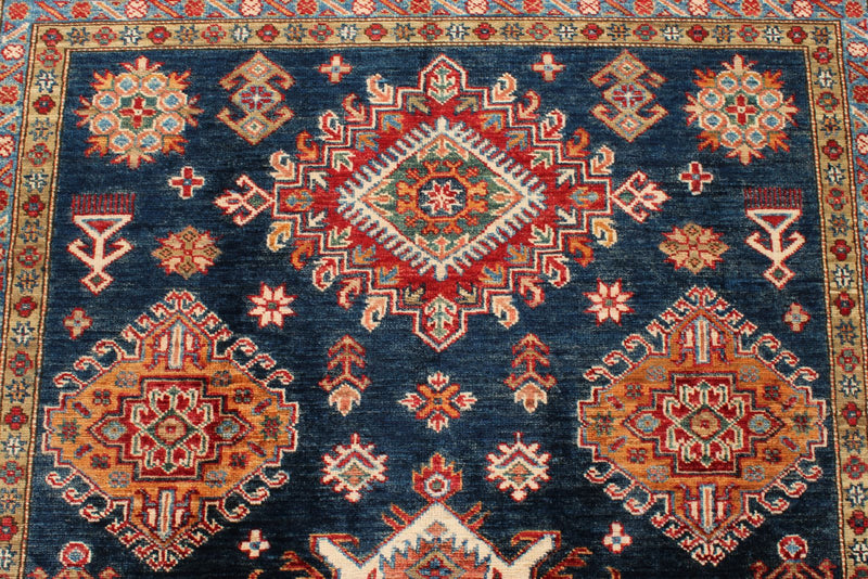 5x6 Navy and Ivory Kazak Tribal Rug