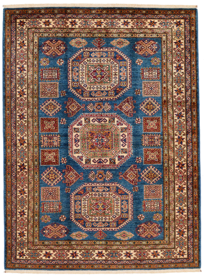 5x7 Navy and Ivory Kazak Tribal Rug