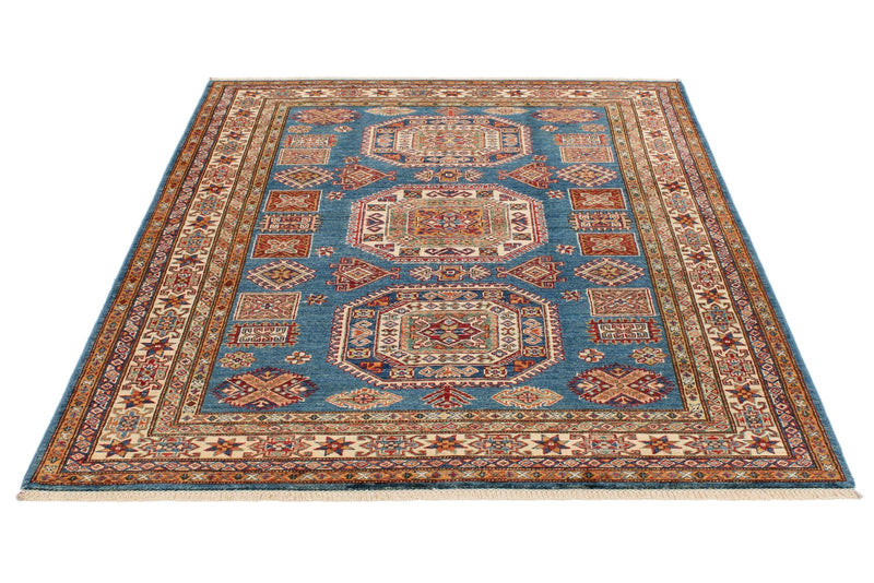 5x7 Navy and Ivory Kazak Tribal Rug