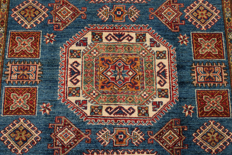 5x7 Navy and Ivory Kazak Tribal Rug