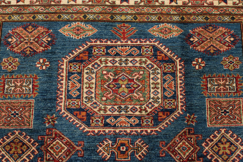 5x7 Navy and Ivory Kazak Tribal Rug