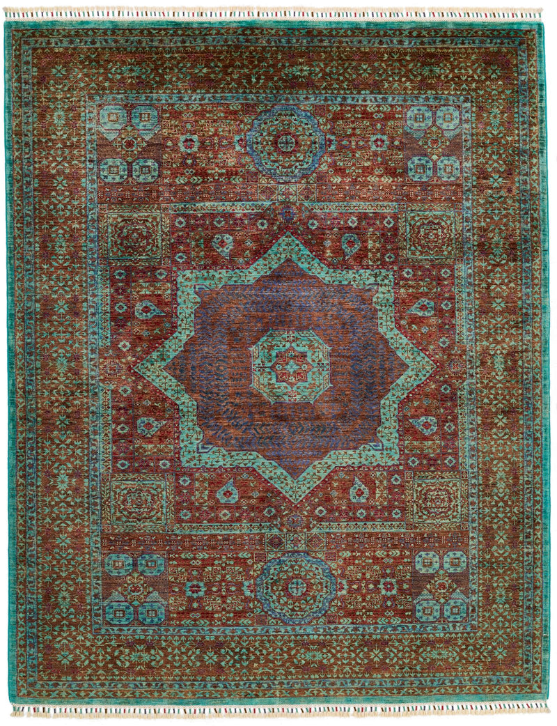 6x8 Rust and Blue Turkish Tribal Rug