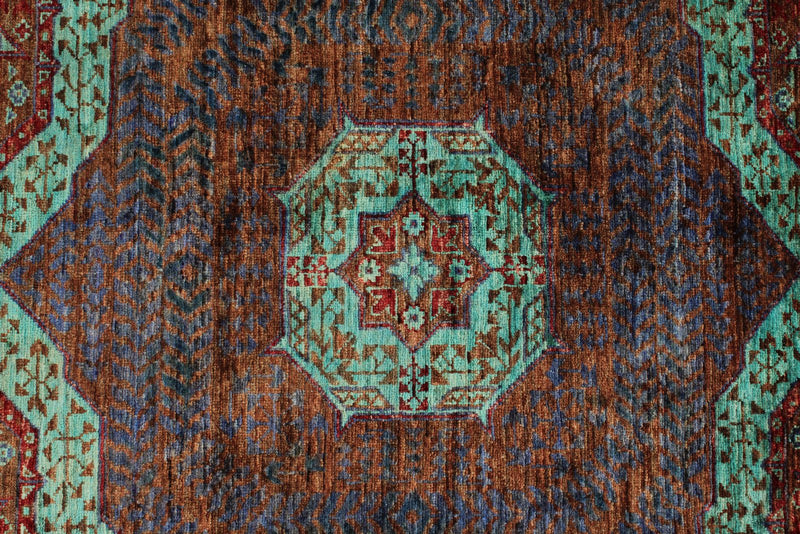 6x8 Rust and Blue Turkish Tribal Rug