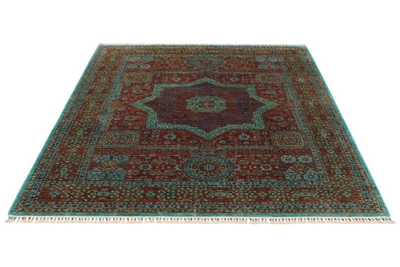 6x8 Rust and Blue Turkish Tribal Rug