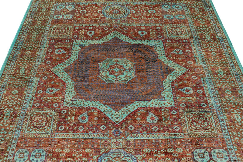 6x8 Rust and Blue Turkish Tribal Rug