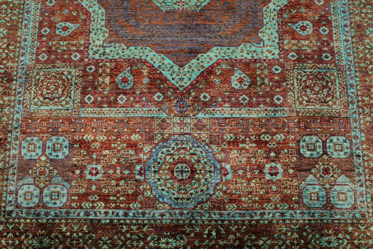 6x8 Rust and Blue Turkish Tribal Rug