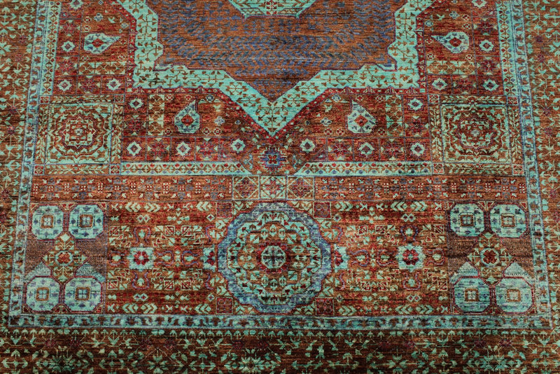 6x8 Rust and Blue Turkish Tribal Rug