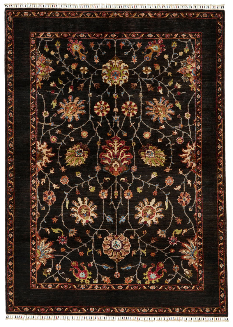 6x8 Dark Brown and Multicolor Turkish Tribal Rug