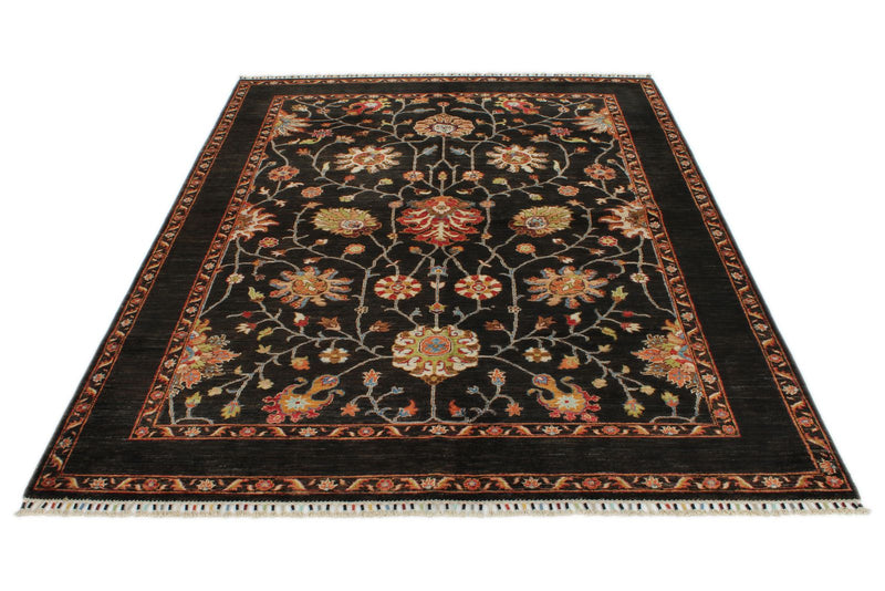 6x8 Dark Brown and Multicolor Turkish Tribal Rug