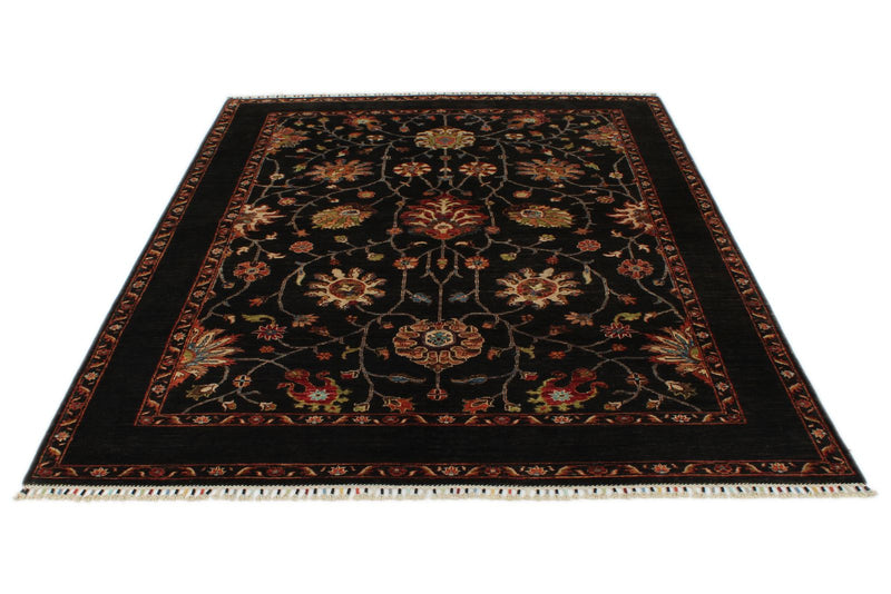 6x8 Dark Brown and Multicolor Turkish Tribal Rug