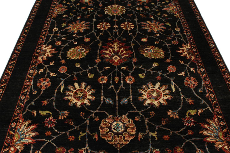 6x8 Dark Brown and Multicolor Turkish Tribal Rug