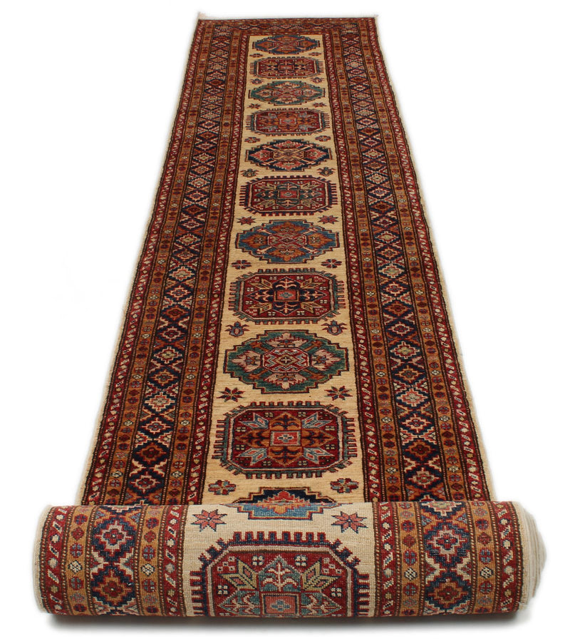 3x25 Ivory and Red Kazak Tribal Runner