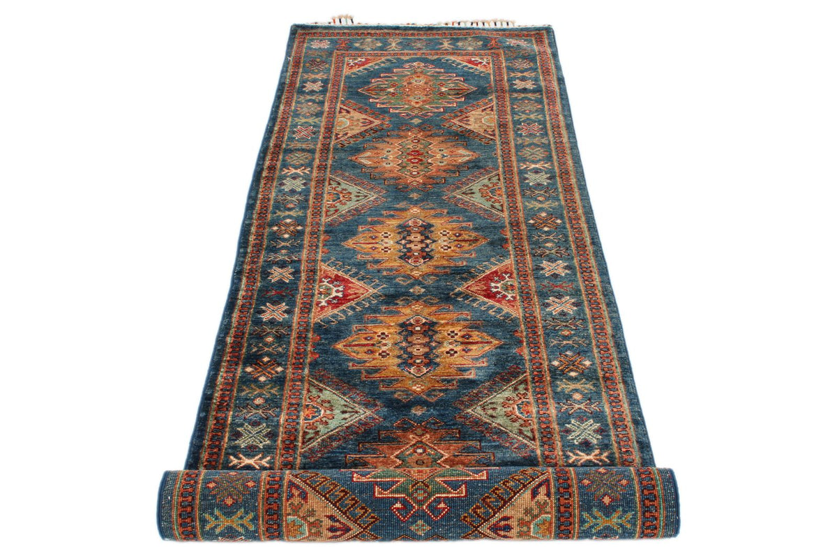 3x9 Blue and Beige Turkish Tribal Runner