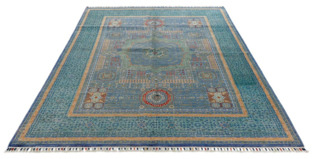 6x8 Green and Blue Turkish Tribal Rug
