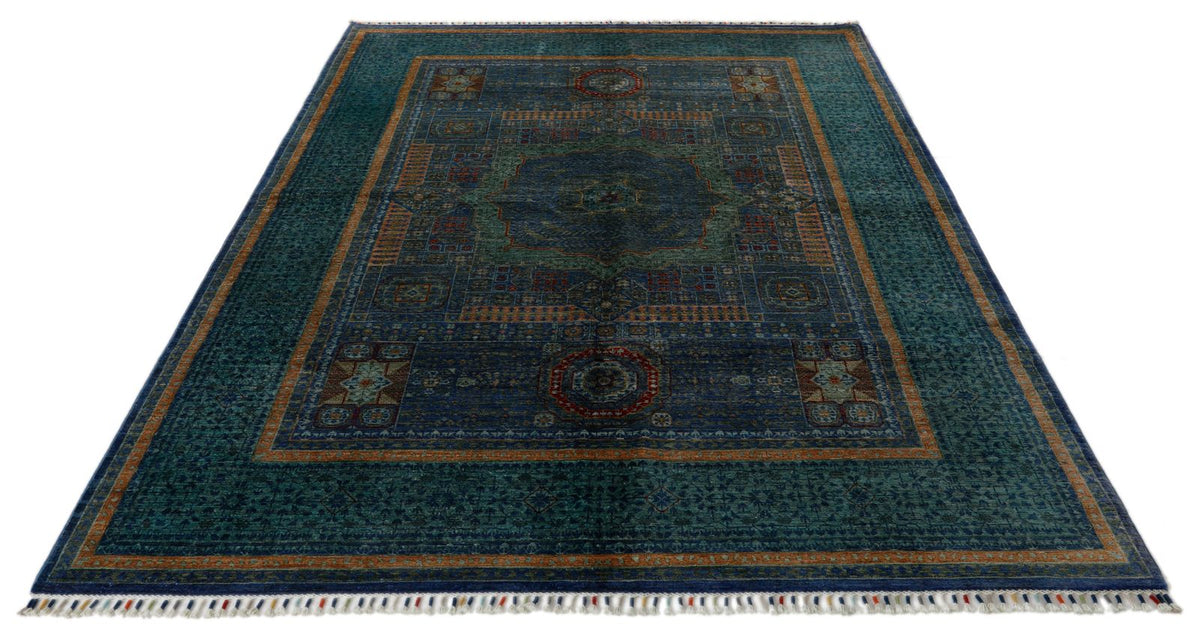 6x8 Green and Blue Turkish Tribal Rug