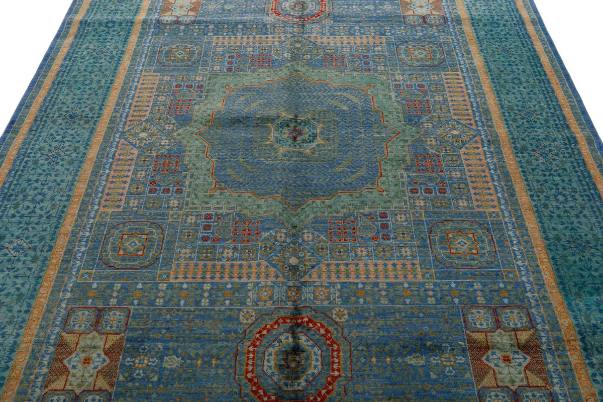 6x8 Green and Blue Turkish Tribal Rug