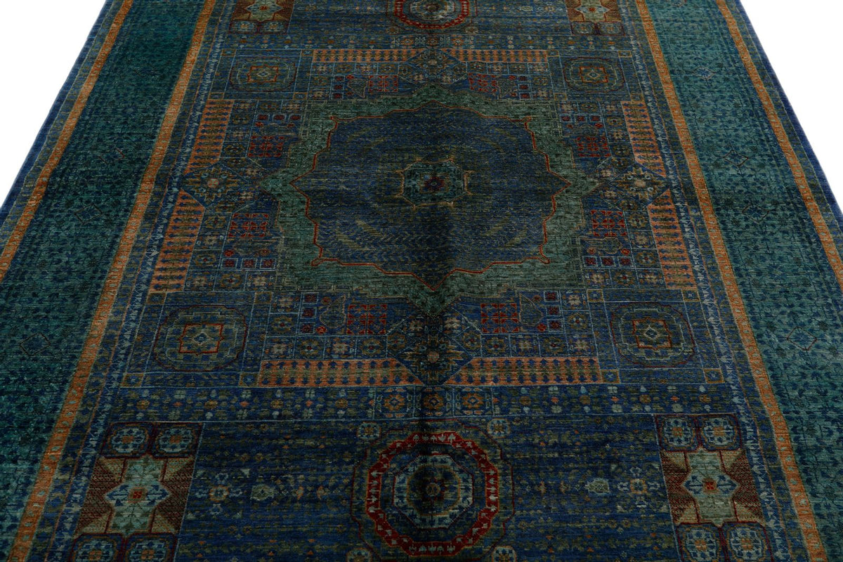 6x8 Green and Blue Turkish Tribal Rug
