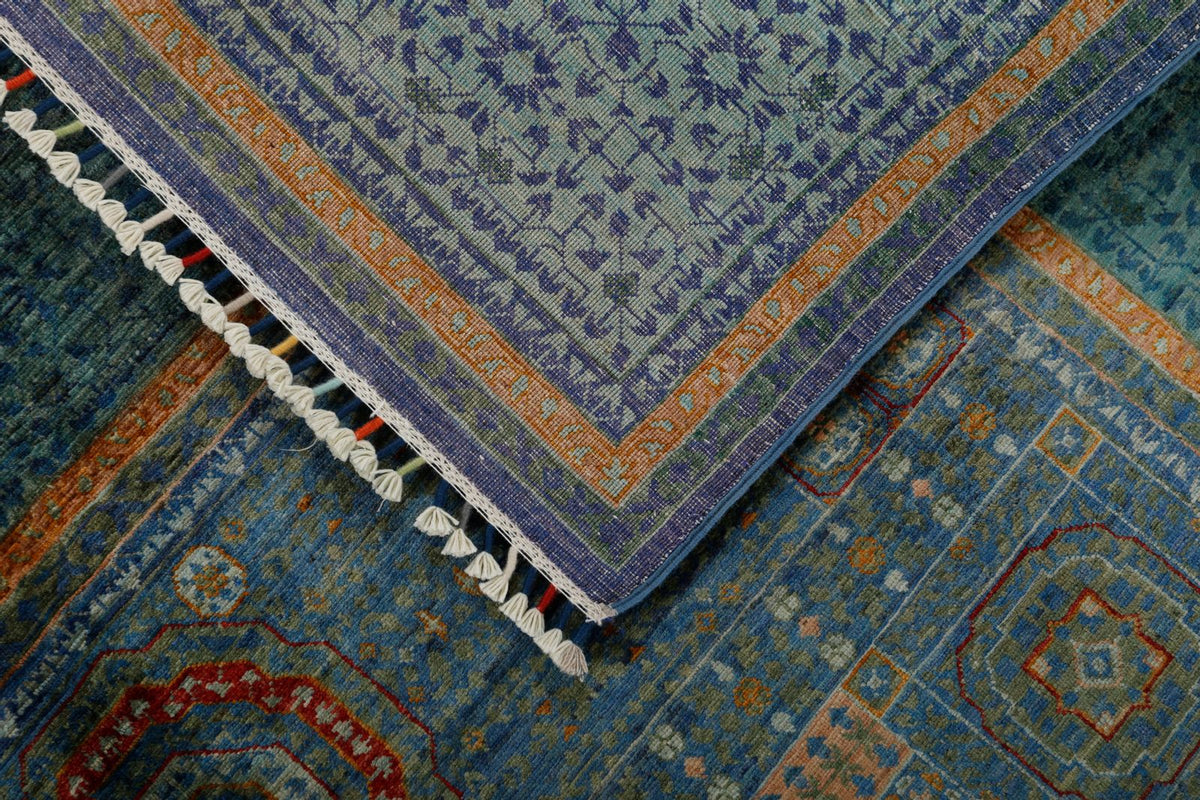 6x8 Green and Blue Turkish Tribal Rug