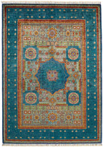 6x8 Green and Blue Turkish Tribal Rug